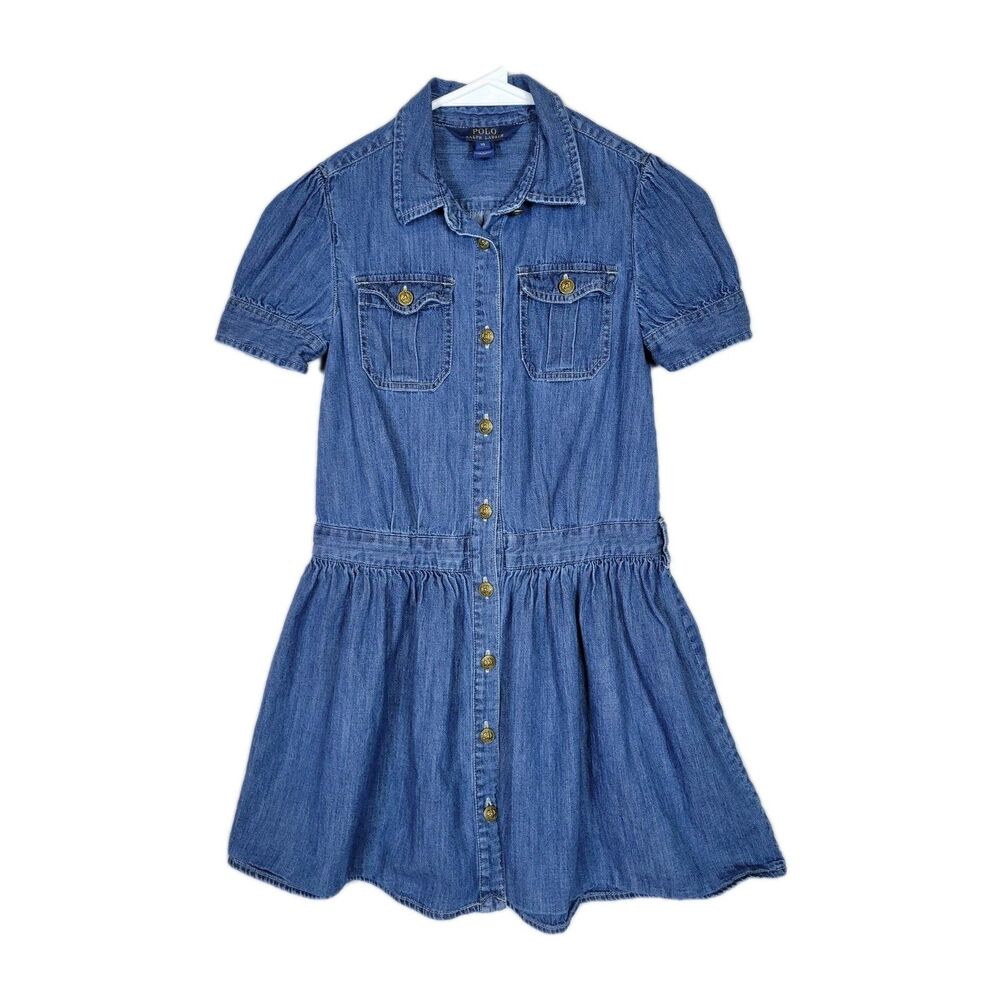 POLO Ralph Lauren Denim Blue Jean Dress Short Sleeve Girls Size 10 Preppy Casual